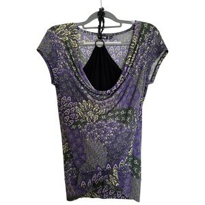 Apt. 9 Vintage Y2K Beaded Halter Cowl Neck Layered Top Purple Patterned Blouse